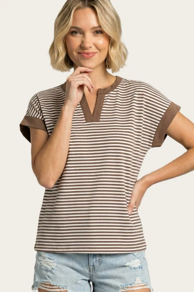 Mocha Striped Contrast Trim Top sold by Pinkblush