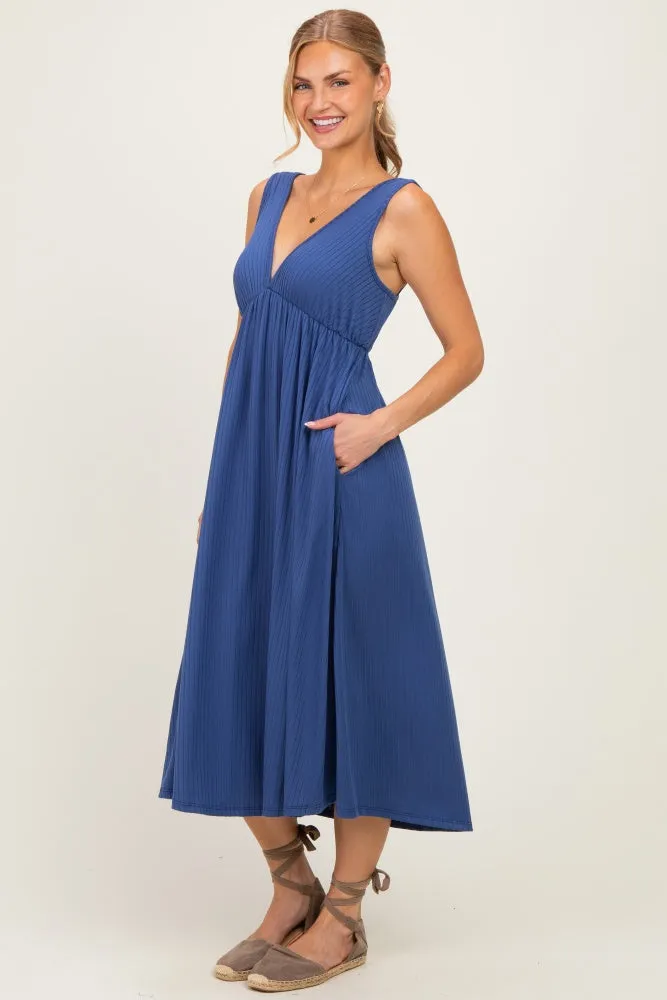 Blue Sleeveless Ribbed Knit A-Line Midi Dress sold by Pinkblush product image thumbnail 2