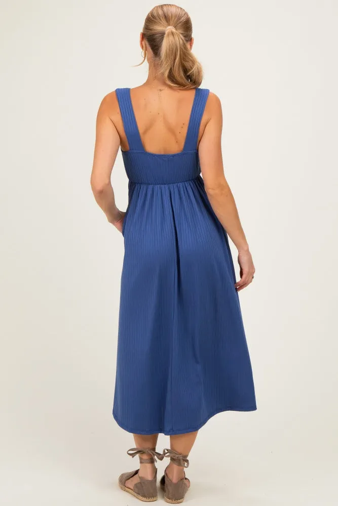 Blue Sleeveless Ribbed Knit A-Line Midi Dress sold by Pinkblush product image thumbnail 3
