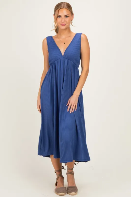 Blue Sleeveless Ribbed Knit A-Line Midi Dress made by Pinkblush