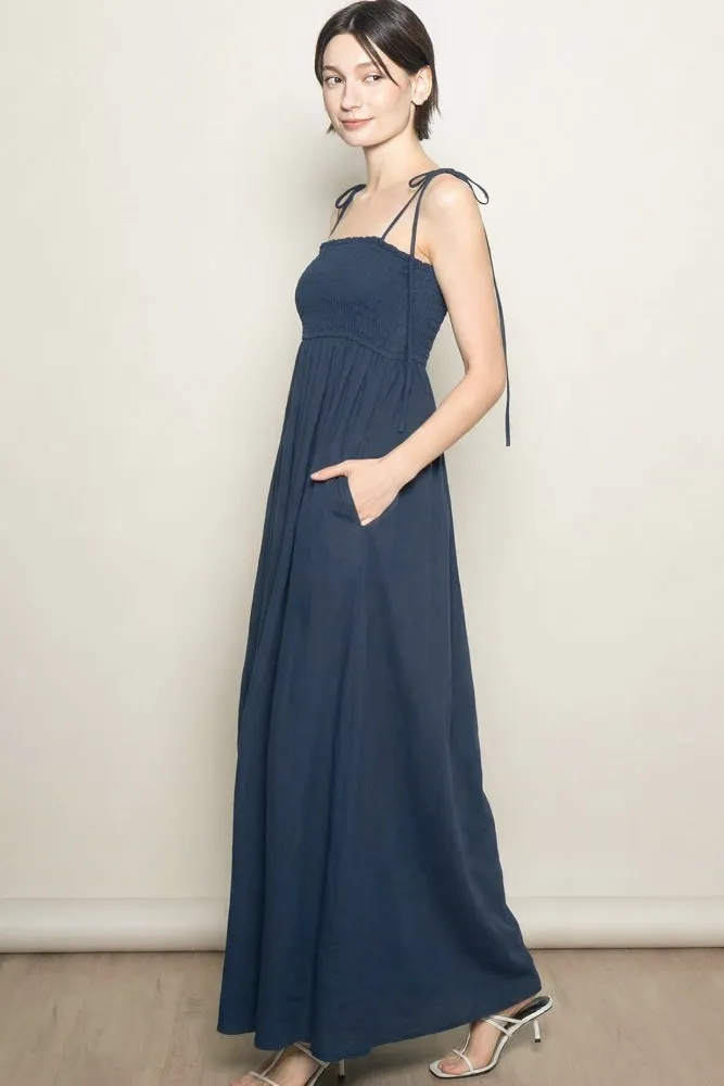 Navy Smocked Shoulder Tie Maxi Dress sold by Pinkblush product image thumbnail 2