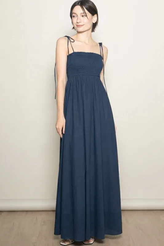 Navy Smocked Shoulder Tie Maxi Dress made by Pinkblush