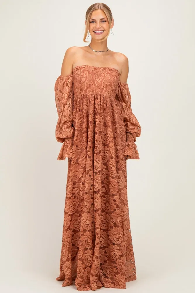 Rust Lace Off Shoulder Long Sleeve Maxi Dress sold by Pinkblush product image thumbnail 2