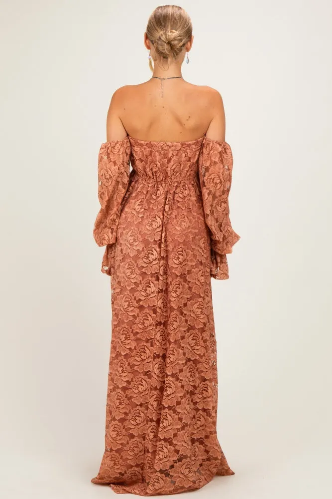 Rust Lace Off Shoulder Long Sleeve Maxi Dress sold by Pinkblush product image thumbnail 3