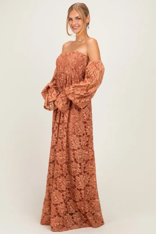 Rust Lace Off Shoulder Long Sleeve Maxi Dress made by Pinkblush
