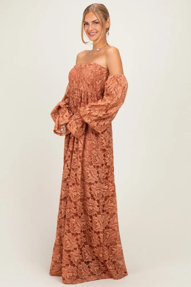 Rust Lace Off Shoulder Long Sleeve Maxi Dress sold by Pinkblush