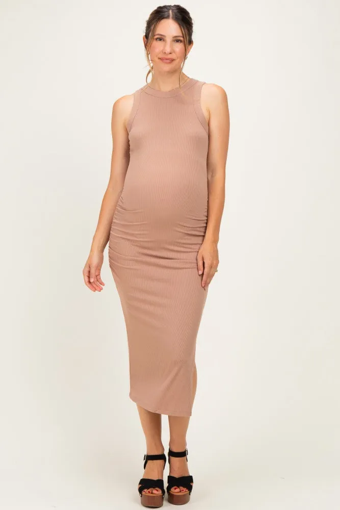 Warm Taupe Ruched Maternity Midi Tank Dress sold by Pinkblush