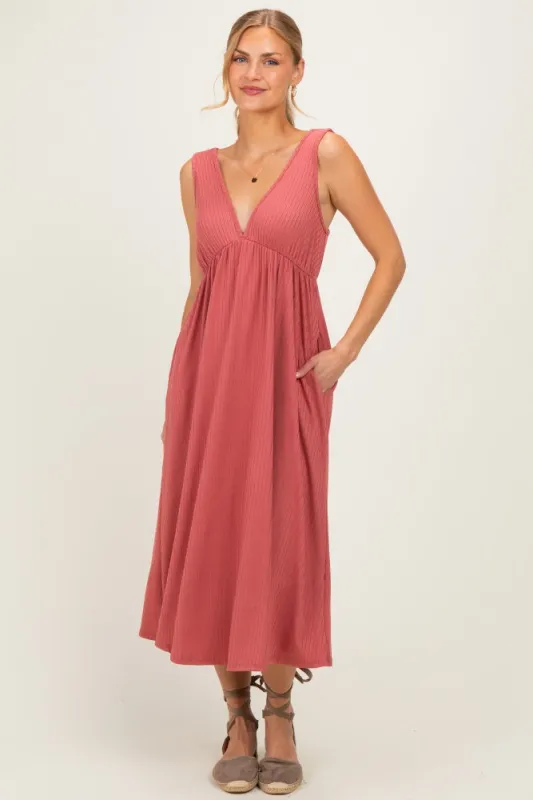 Mauve Sleeveless Ribbed Knit A-Line Midi Dress made by Pinkblush