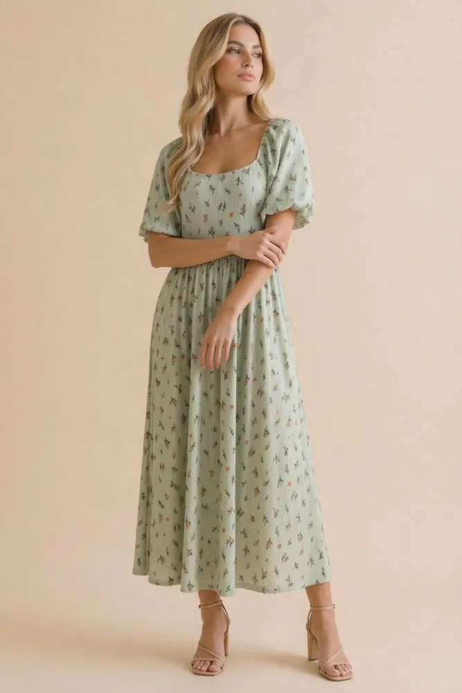 Sage Floral Square Neck Puff Sleeve Dress sold by Pinkblush product image thumbnail 4