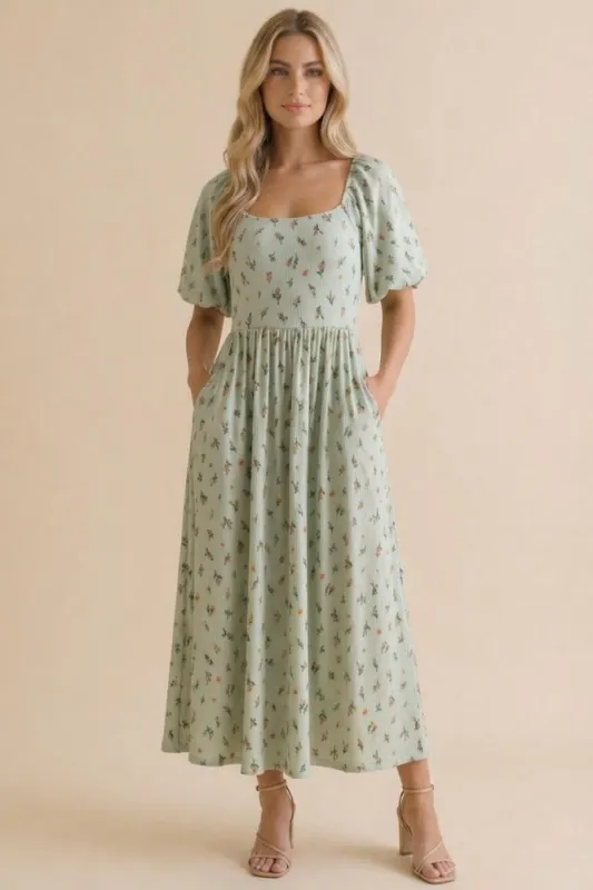 Sage Floral Square Neck Puff Sleeve Dress made by Pinkblush