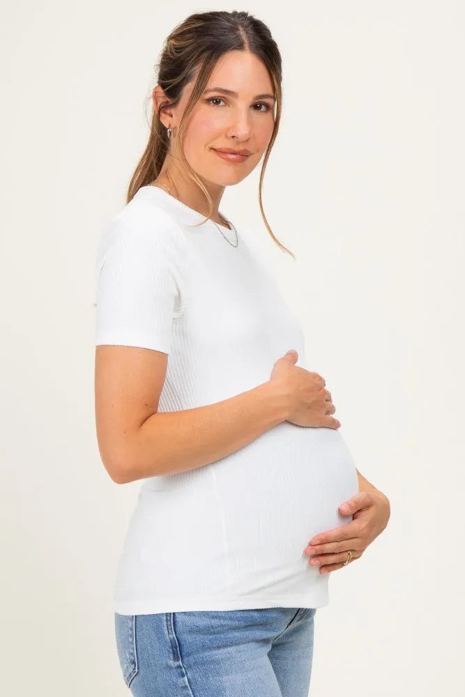 Off White Brushed Ribbed Knit Maternity Crewneck Tee sold by Pinkblush product image thumbnail 3