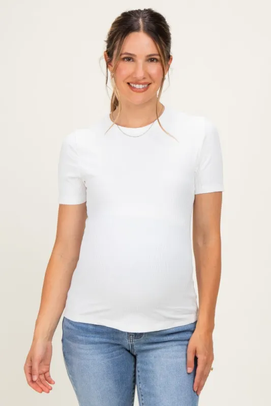 Off White Brushed Ribbed Knit Maternity Crewneck Tee made by Umgee