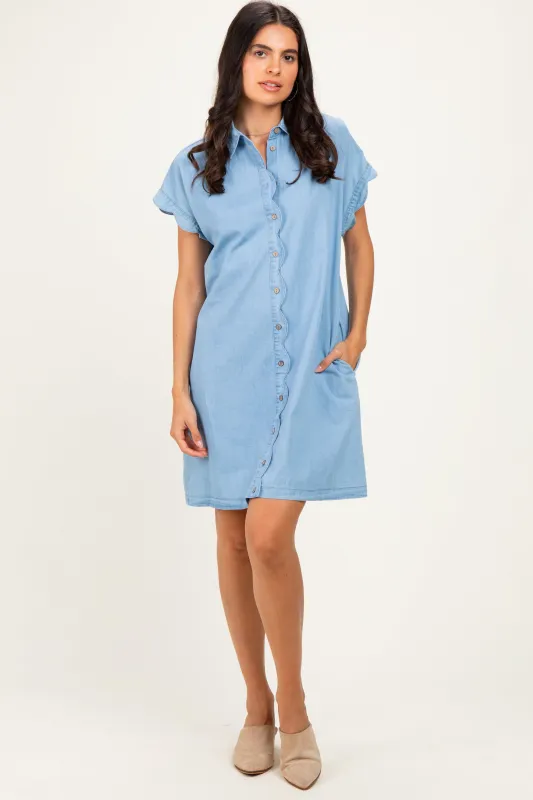 Light Denim Scallop Trim Mini Shirt Dress made by In February