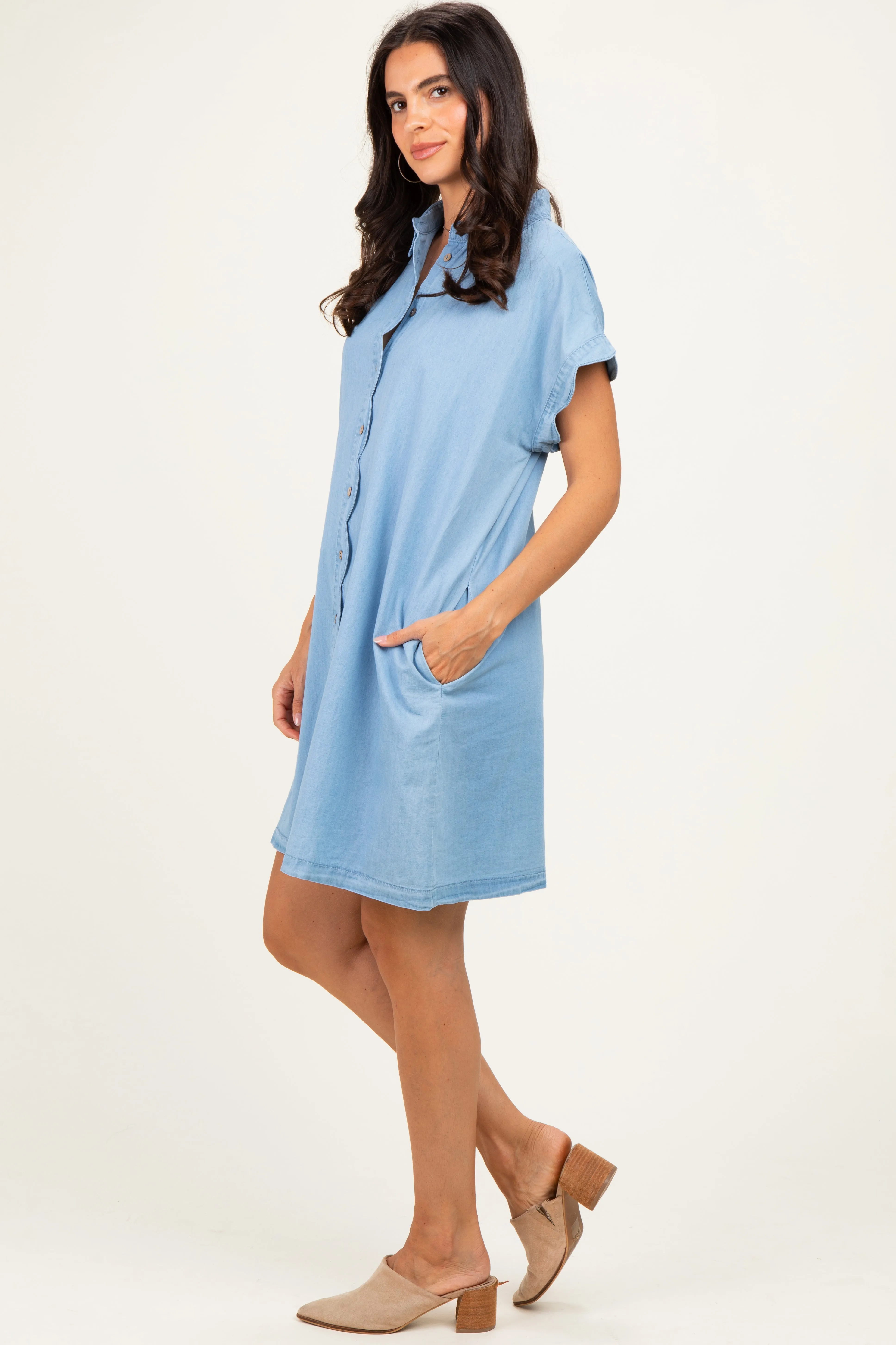 Light Denim Scallop Trim Mini Shirt Dress sold by Pinkblush product image thumbnail 3