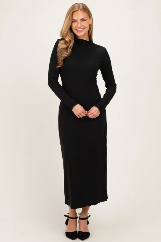 Black Ruffle Mock Neck Long Sleeve Midi Dress made by Pinkblush