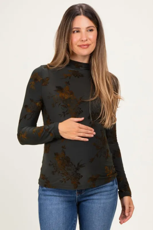 Olive Velvet Floral Mock Neck Maternity Top made by Umgee