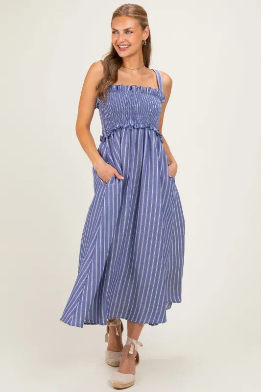 Navy Sleeveless Smocked Striped Maxi Dress made by Pinkblush