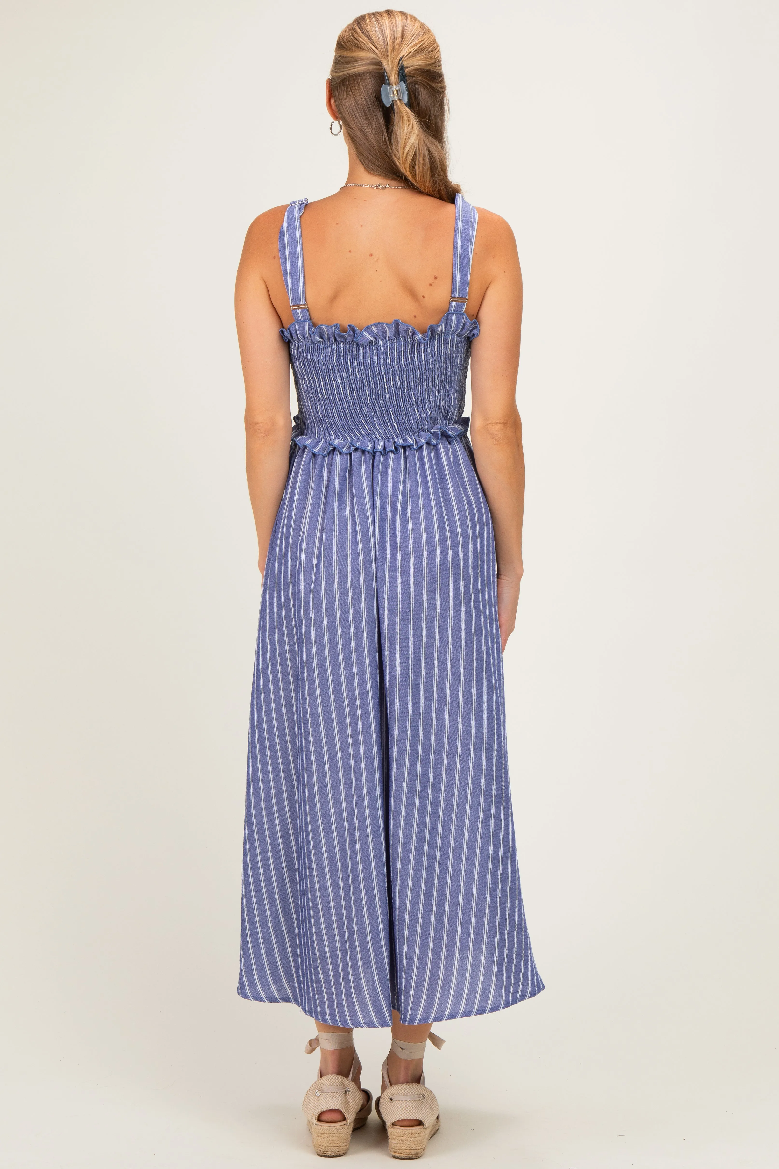 Navy Sleeveless Smocked Striped Maxi Dress sold by Pinkblush product image thumbnail 3