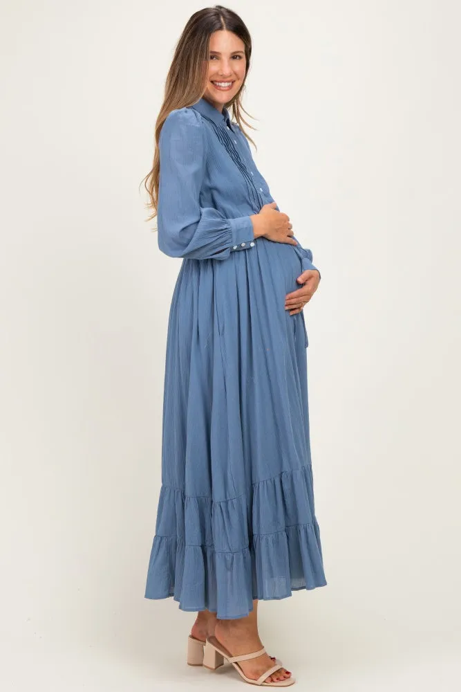 Blue Pleated Front Button Down Maternity Maxi Dress sold by Pinkblush product image thumbnail 2