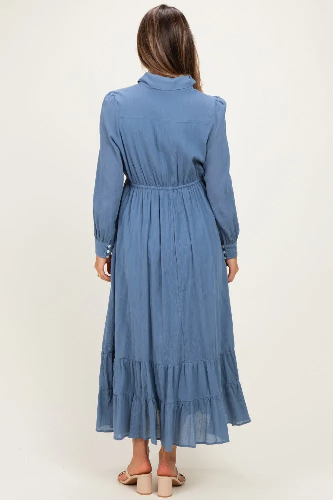 Blue Pleated Front Button Down Maternity Maxi Dress sold by Pinkblush product image thumbnail 3
