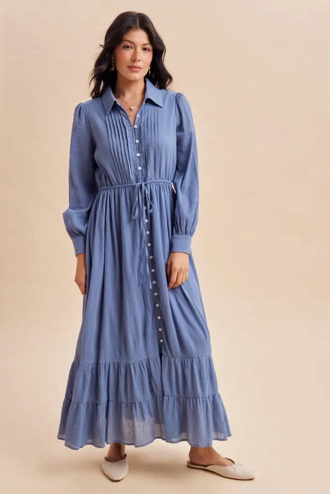 Blue Pleated Front Button Down Maternity Maxi Dress sold by Pinkblush product image thumbnail 4