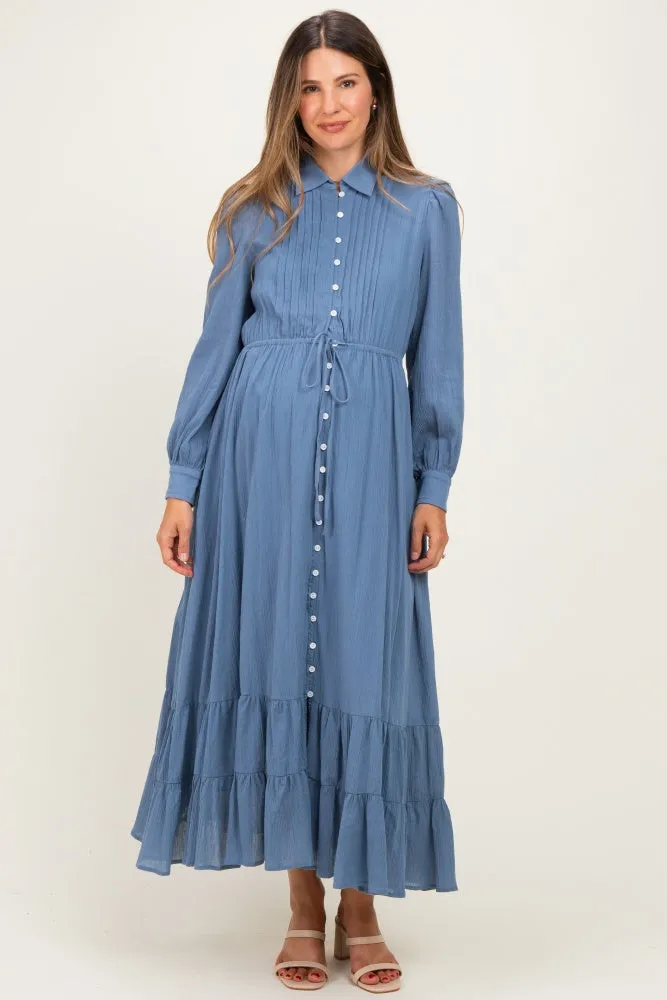 Blue Pleated Front Button Down Maternity Maxi Dress sold by Pinkblush