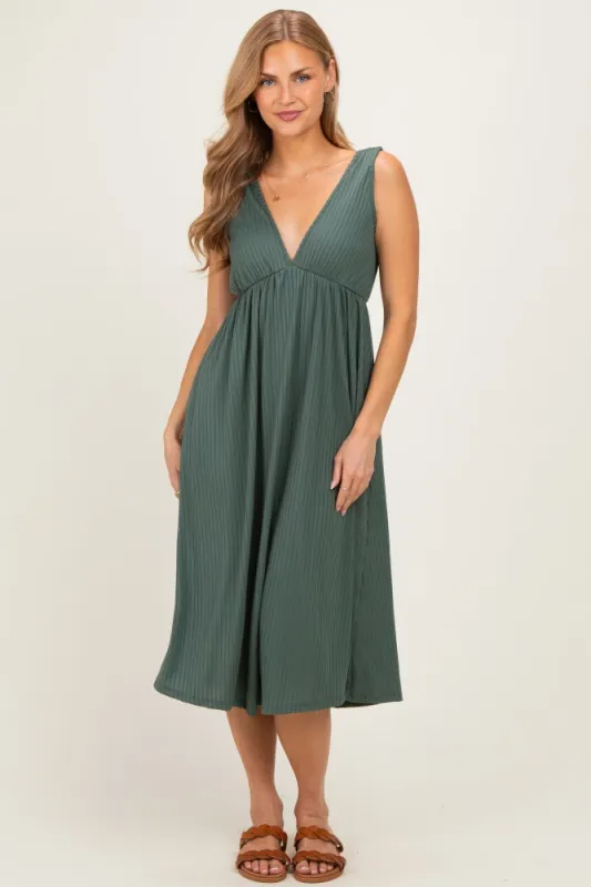 Olive Sleeveless Ribbed Knit A-Line Midi Dress made by Pinkblush