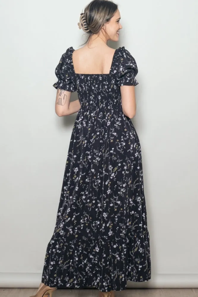 Black Floral Ruffle Accent Smocked Maxi Dress sold by Pinkblush product image thumbnail 3