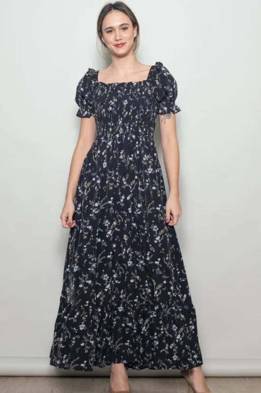 Black Floral Ruffle Accent Smocked Maxi Dress made by Pinkblush