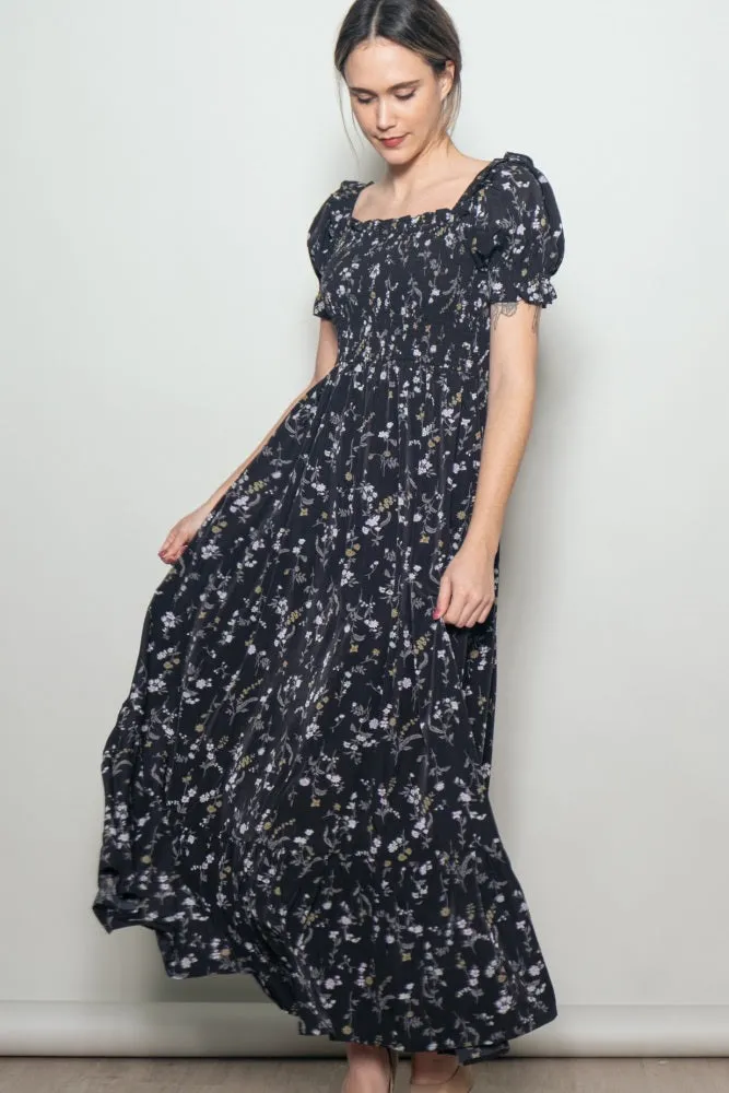 Black Floral Ruffle Accent Smocked Maxi Dress sold by Pinkblush product image thumbnail 2