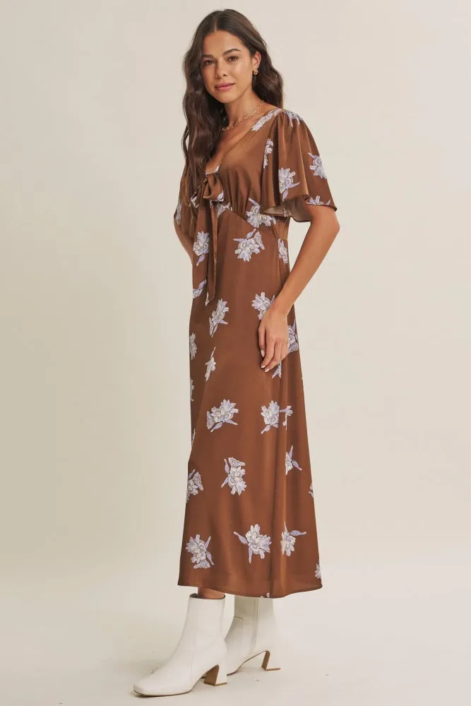 Brown Satin Floral Flutter Sleeve Midi Dress sold by Pinkblush product image thumbnail 4
