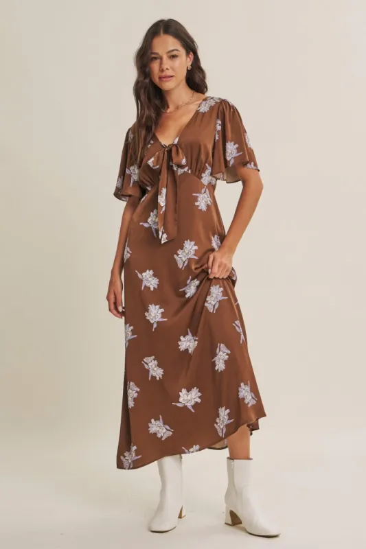 Brown Satin Floral Flutter Sleeve Midi Dress made by In February