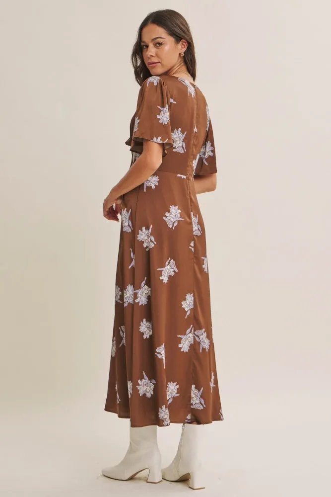 Brown Satin Floral Flutter Sleeve Midi Dress sold by Pinkblush product image thumbnail 5