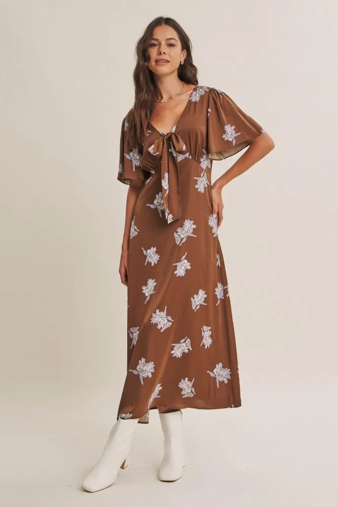 Brown Satin Floral Flutter Sleeve Midi Dress sold by Pinkblush product image thumbnail 2