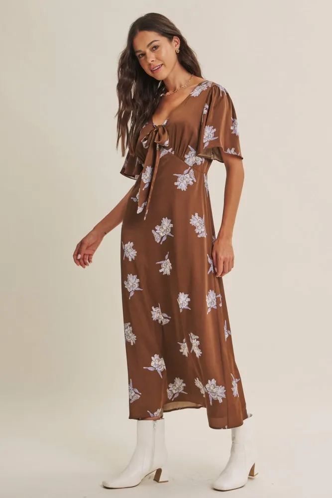 Brown Satin Floral Flutter Sleeve Midi Dress sold by Pinkblush product image thumbnail 3