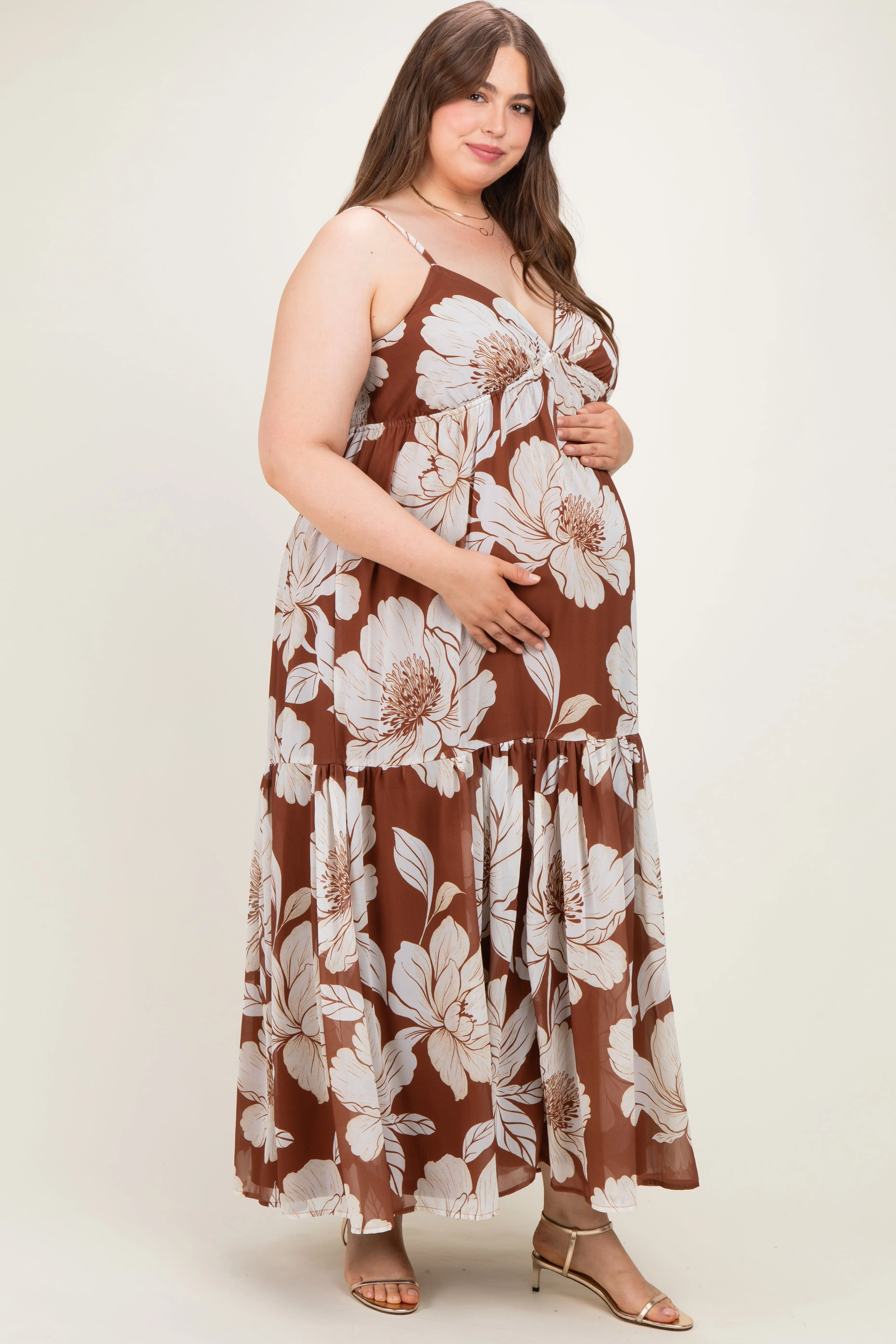 Brown Floral Sleeveless Maternity Plus Maxi Dress sold by Pinkblush product image thumbnail 3
