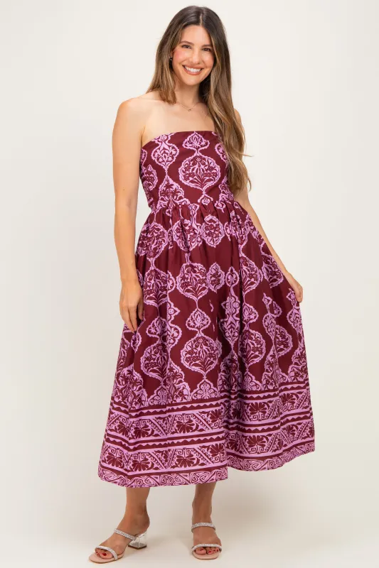 Burgundy Damask Strapless Maternity Midi Dress made by entro