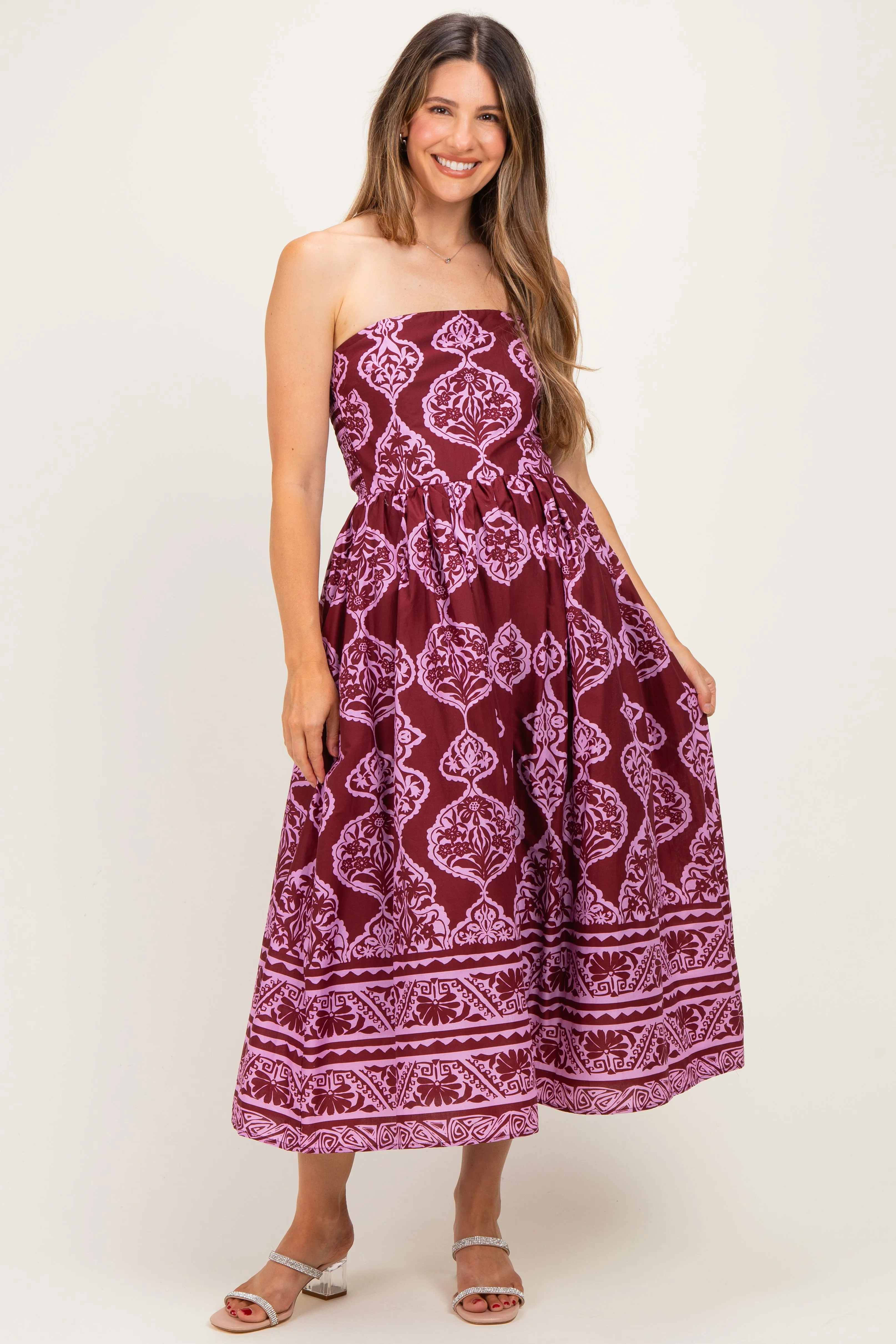Burgundy Damask Strapless Maternity Midi Dress sold by Pinkblush