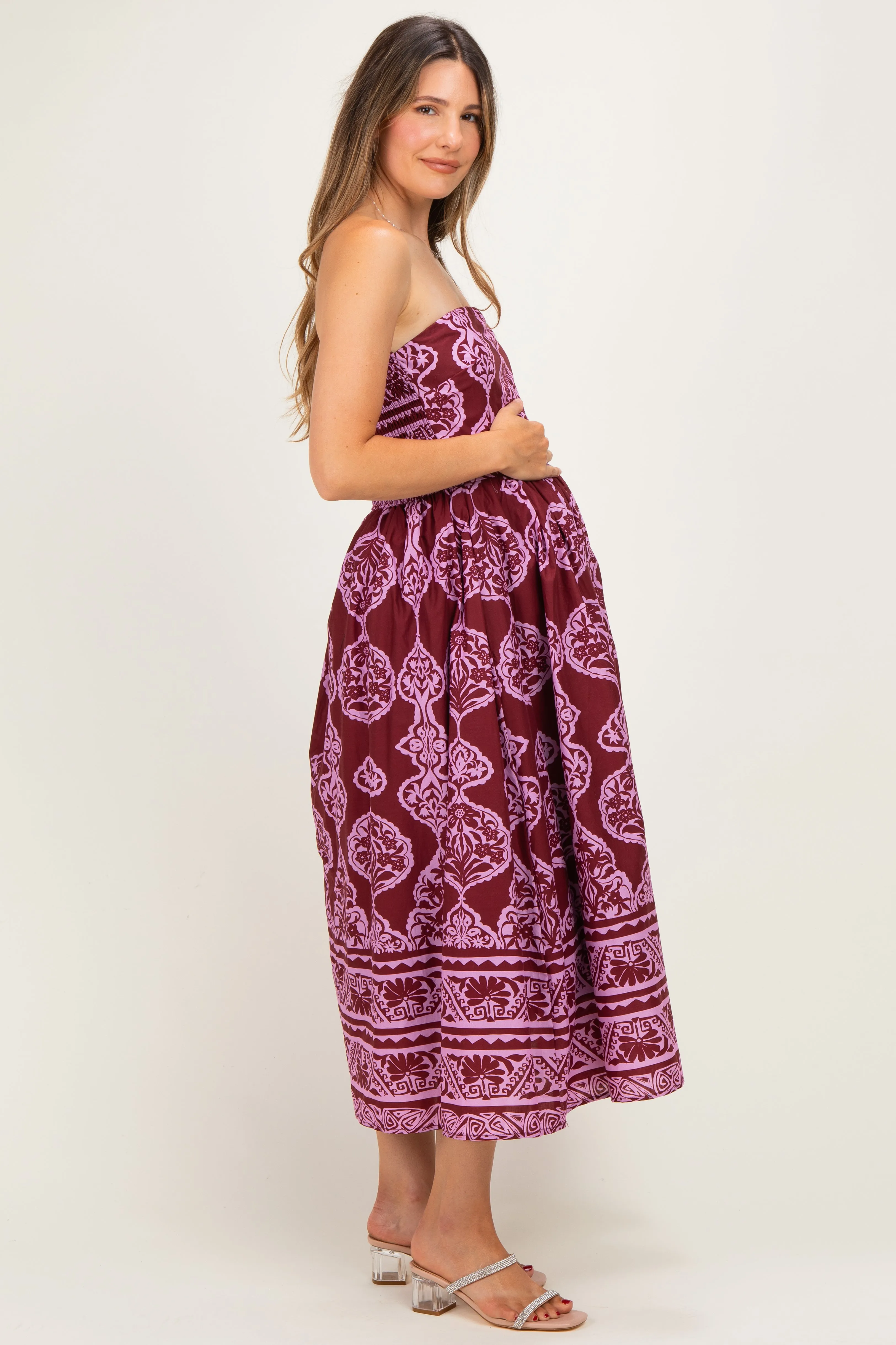 Burgundy Damask Strapless Maternity Midi Dress sold by Pinkblush product image thumbnail 2