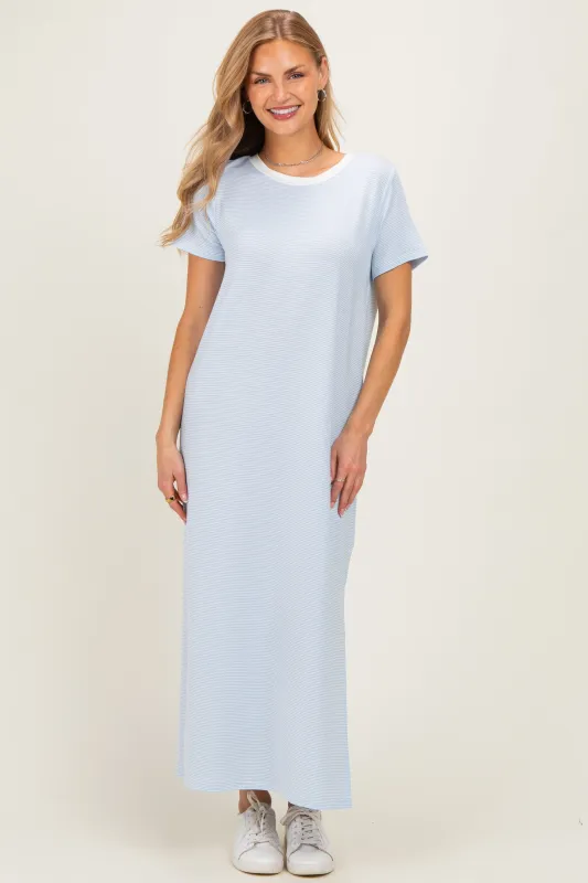 Ivory/ Light Blue Striped Short Sleeve Maxi Dress made by Pinkblush