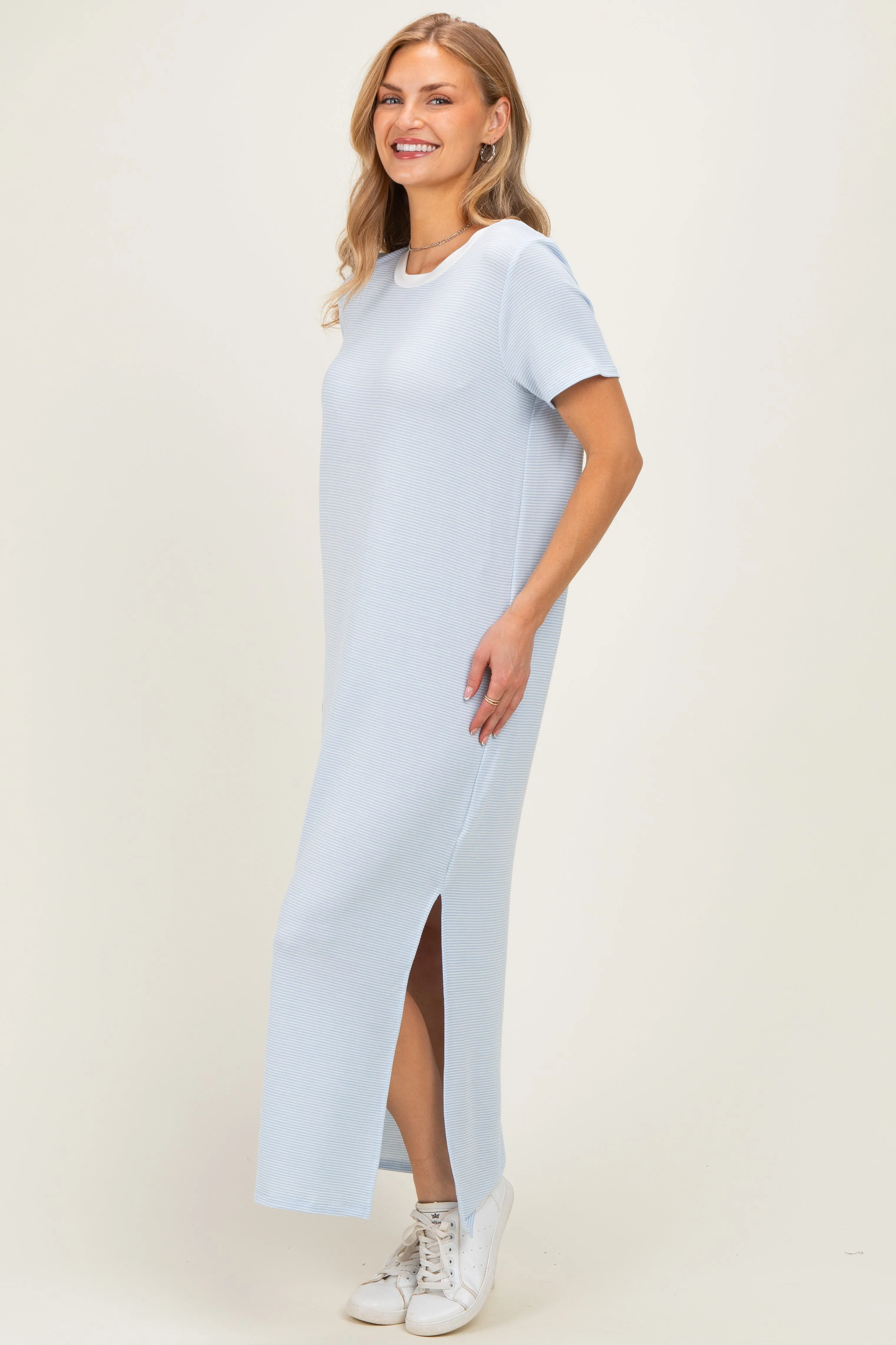 Ivory/ Light Blue Striped Short Sleeve Maxi Dress sold by Pinkblush product image thumbnail 2