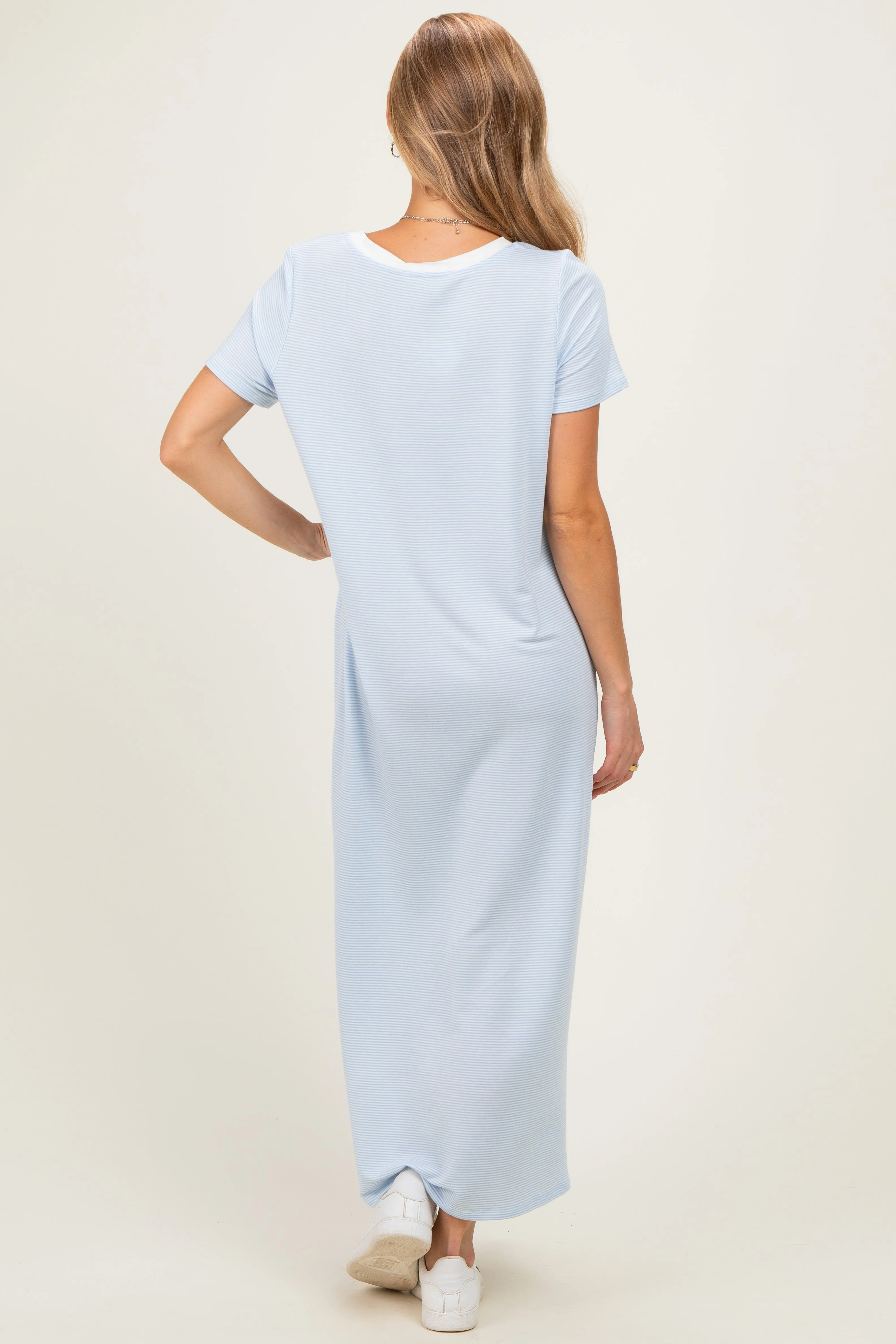 Ivory/ Light Blue Striped Short Sleeve Maxi Dress sold by Pinkblush product image thumbnail 3