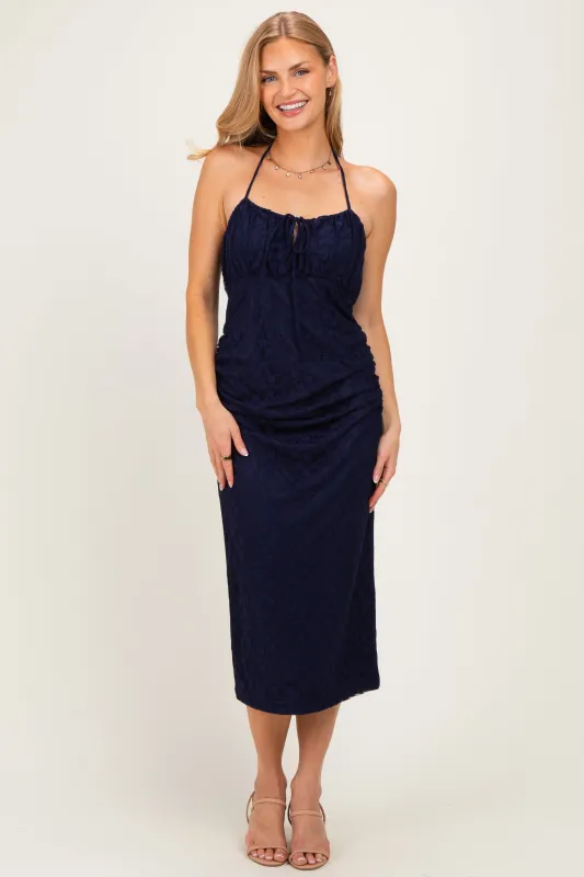 Navy Sleeveless Lace Midi Dress made by Pinkblush
