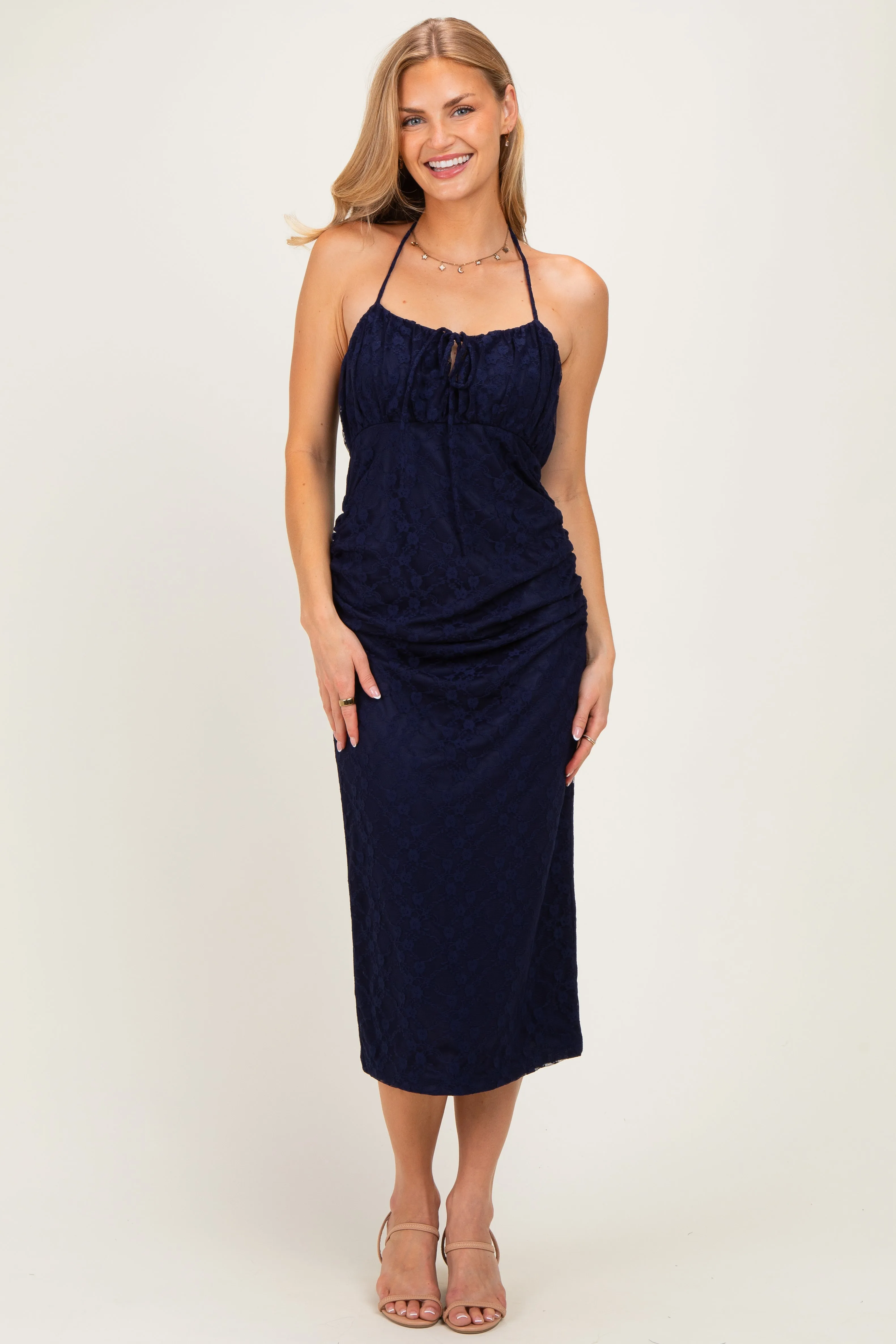 Navy Sleeveless Lace Midi Dress sold by Pinkblush
