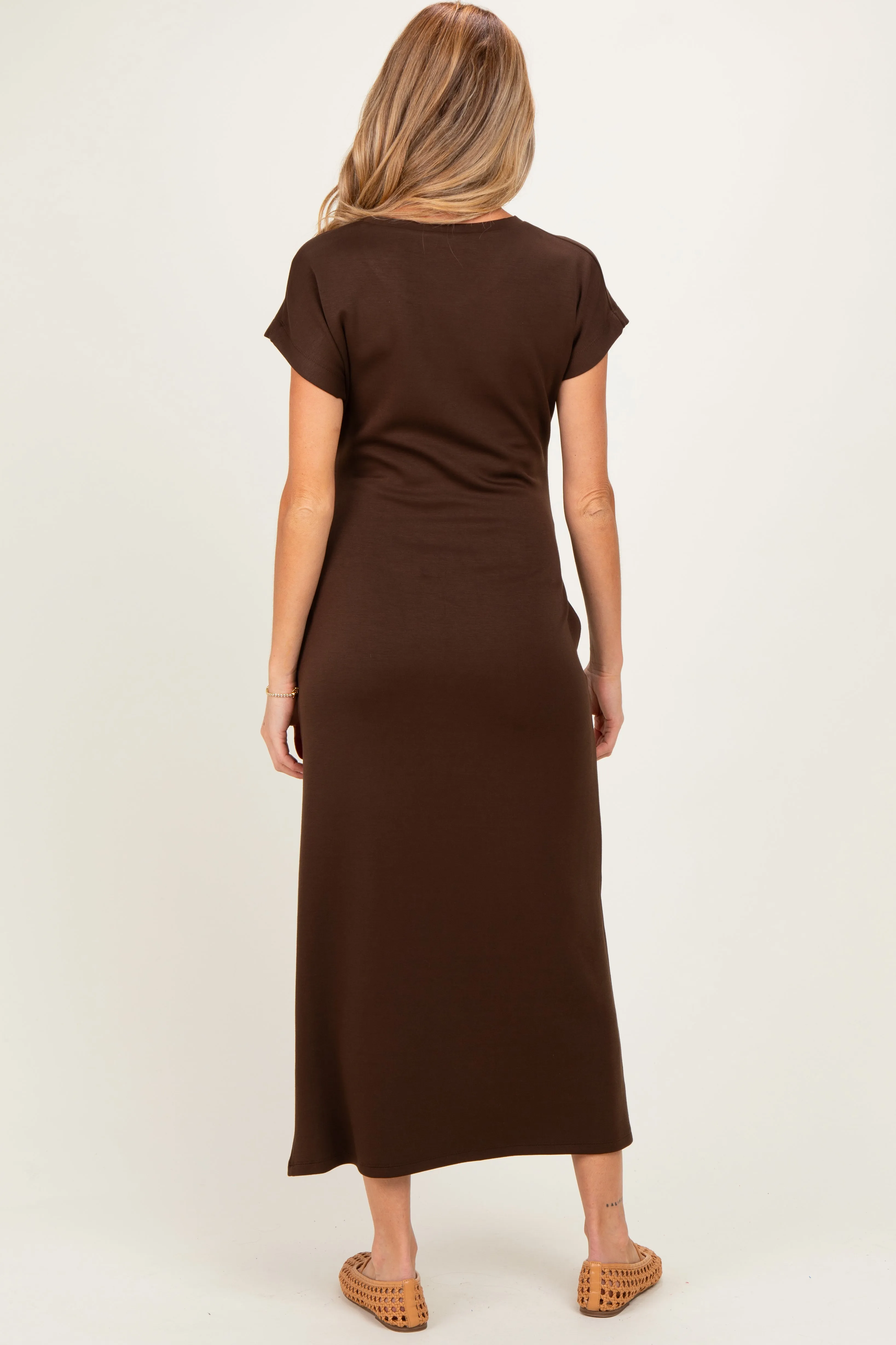 Brown Side Tie Short Sleeve Maternity Midi Dress sold by Pinkblush product image thumbnail 3