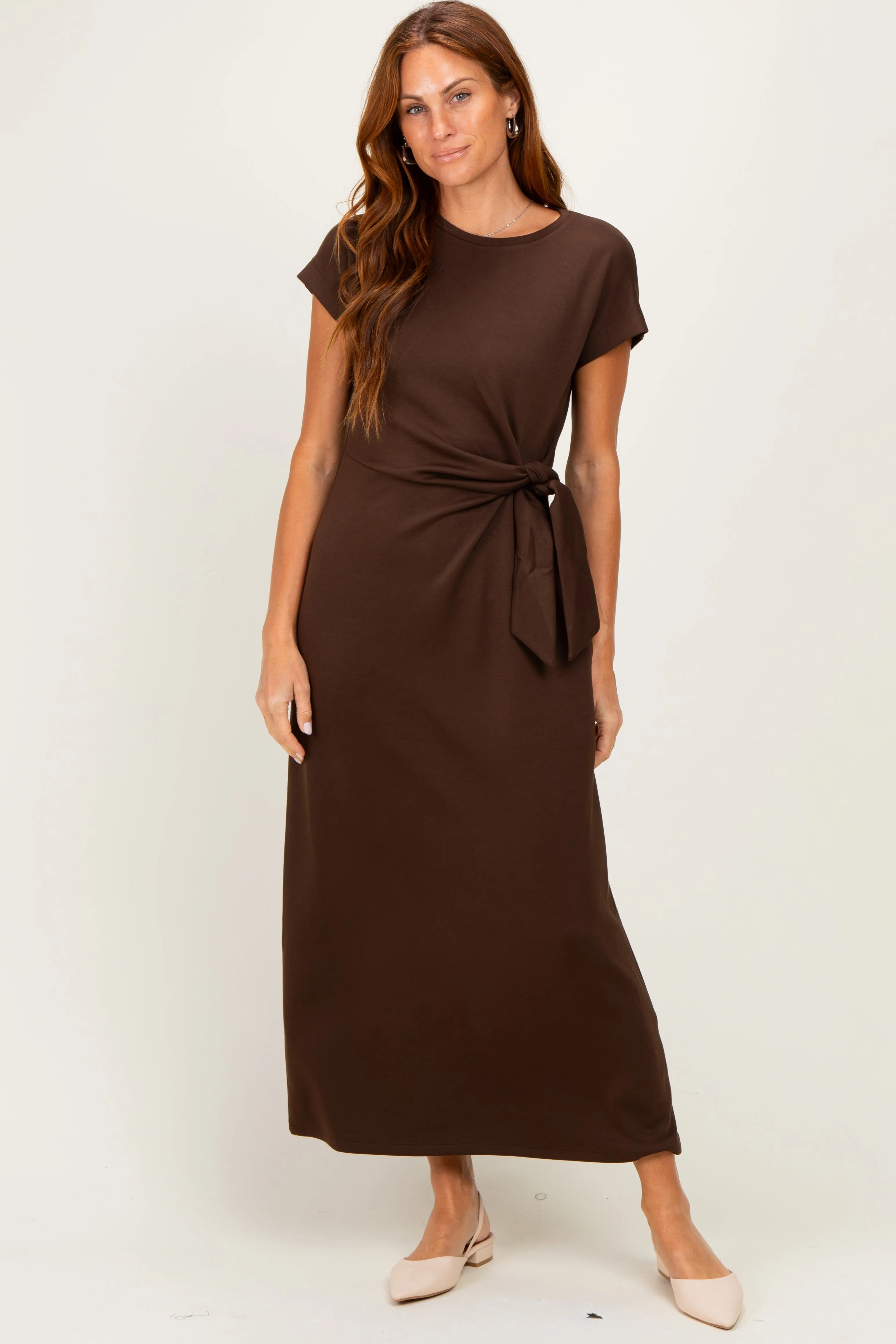 Brown Side Tie Short Sleeve Maternity Midi Dress sold by Pinkblush product image thumbnail 4
