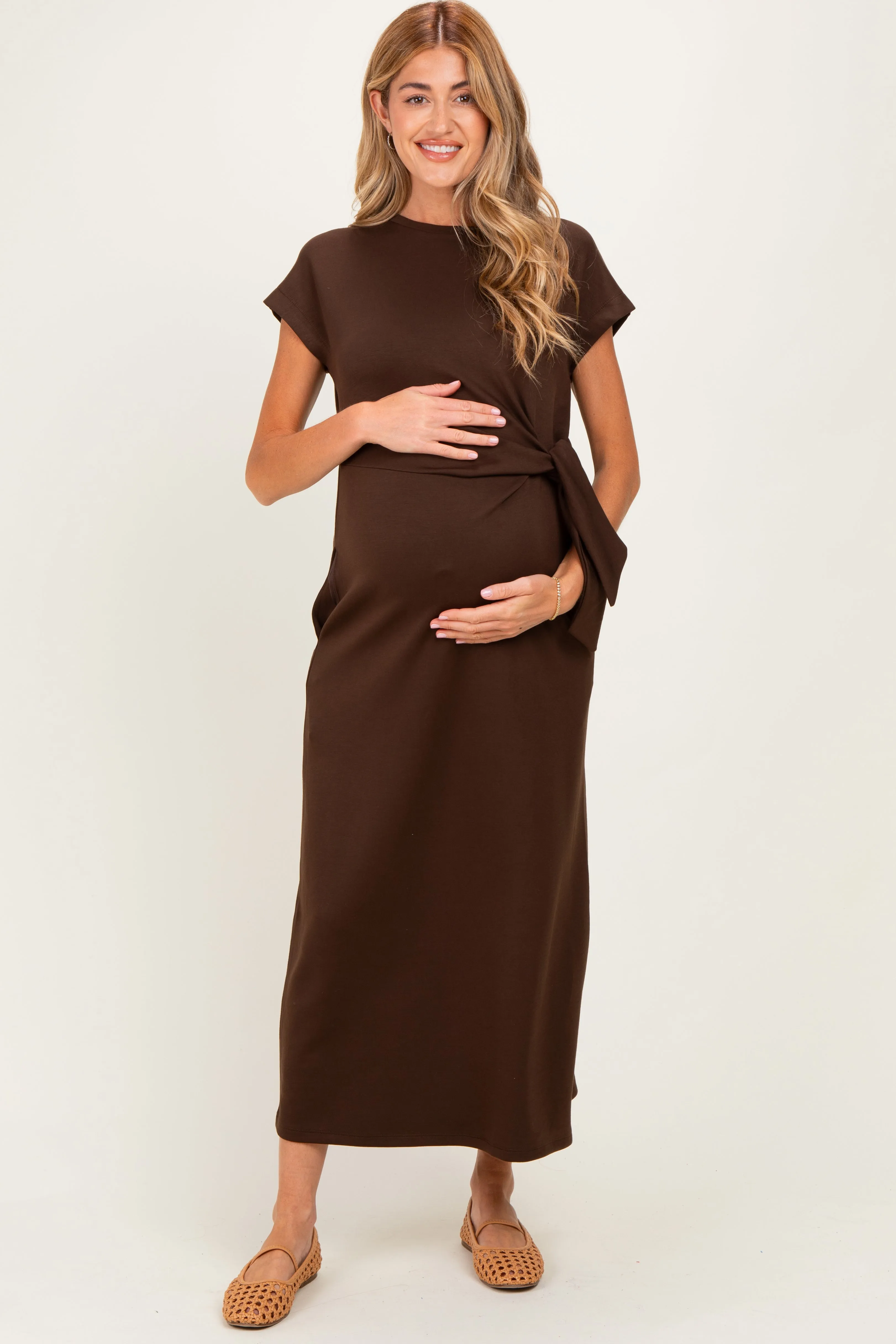 Brown Side Tie Short Sleeve Maternity Midi Dress sold by Pinkblush