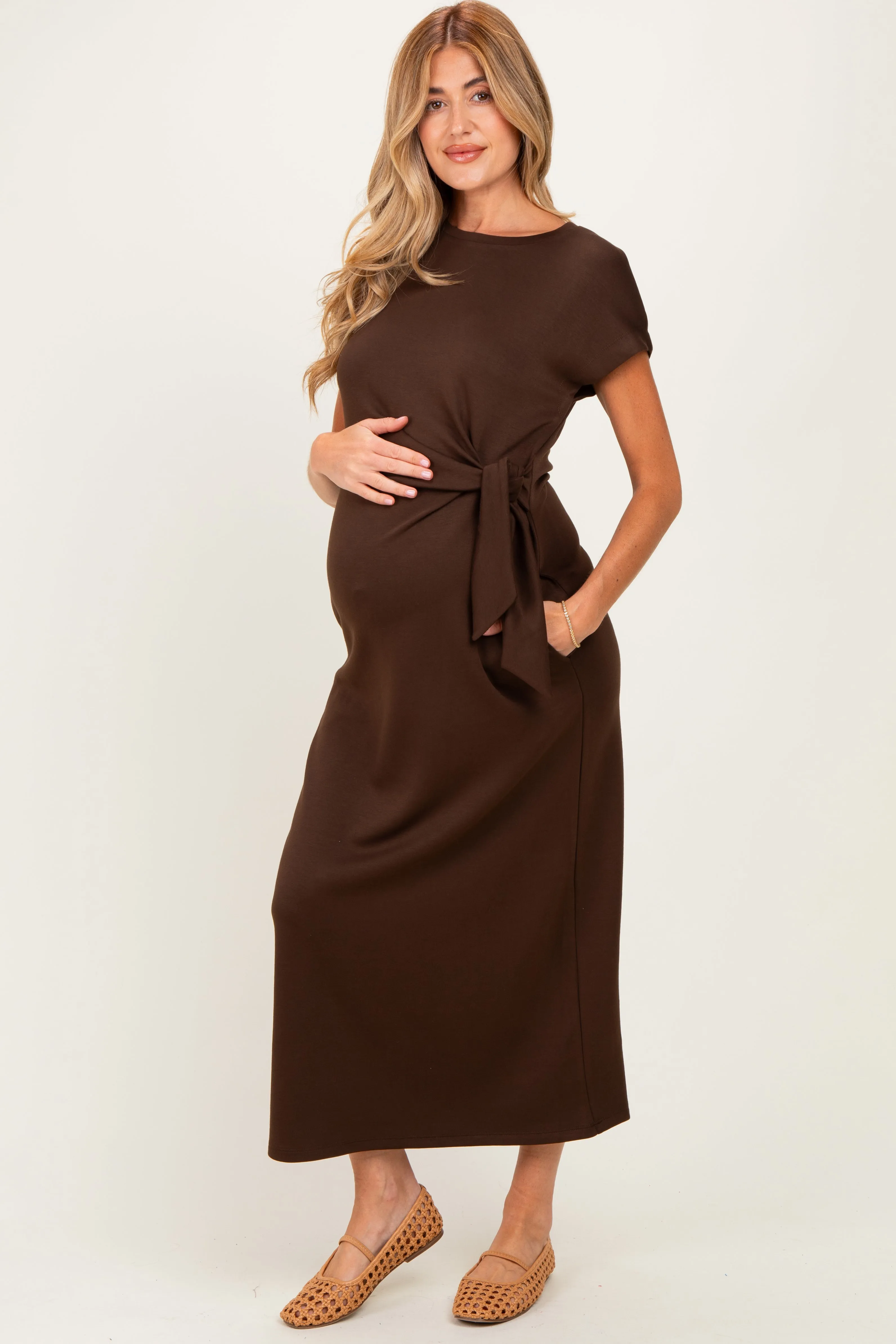 Brown Side Tie Short Sleeve Maternity Midi Dress sold by Pinkblush product image thumbnail 2