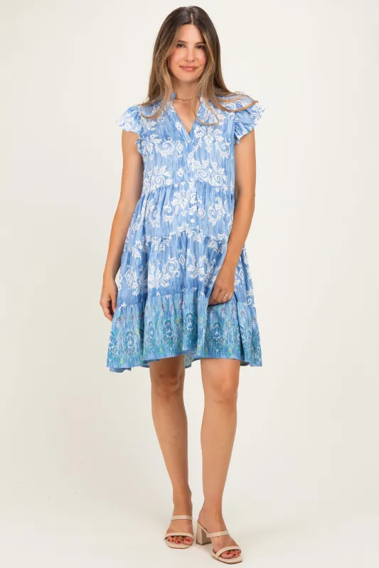 Denim Blue V Neck Flutter Sleeve Border Print Mini Tiered Maternity Dress made by Hem & Thread