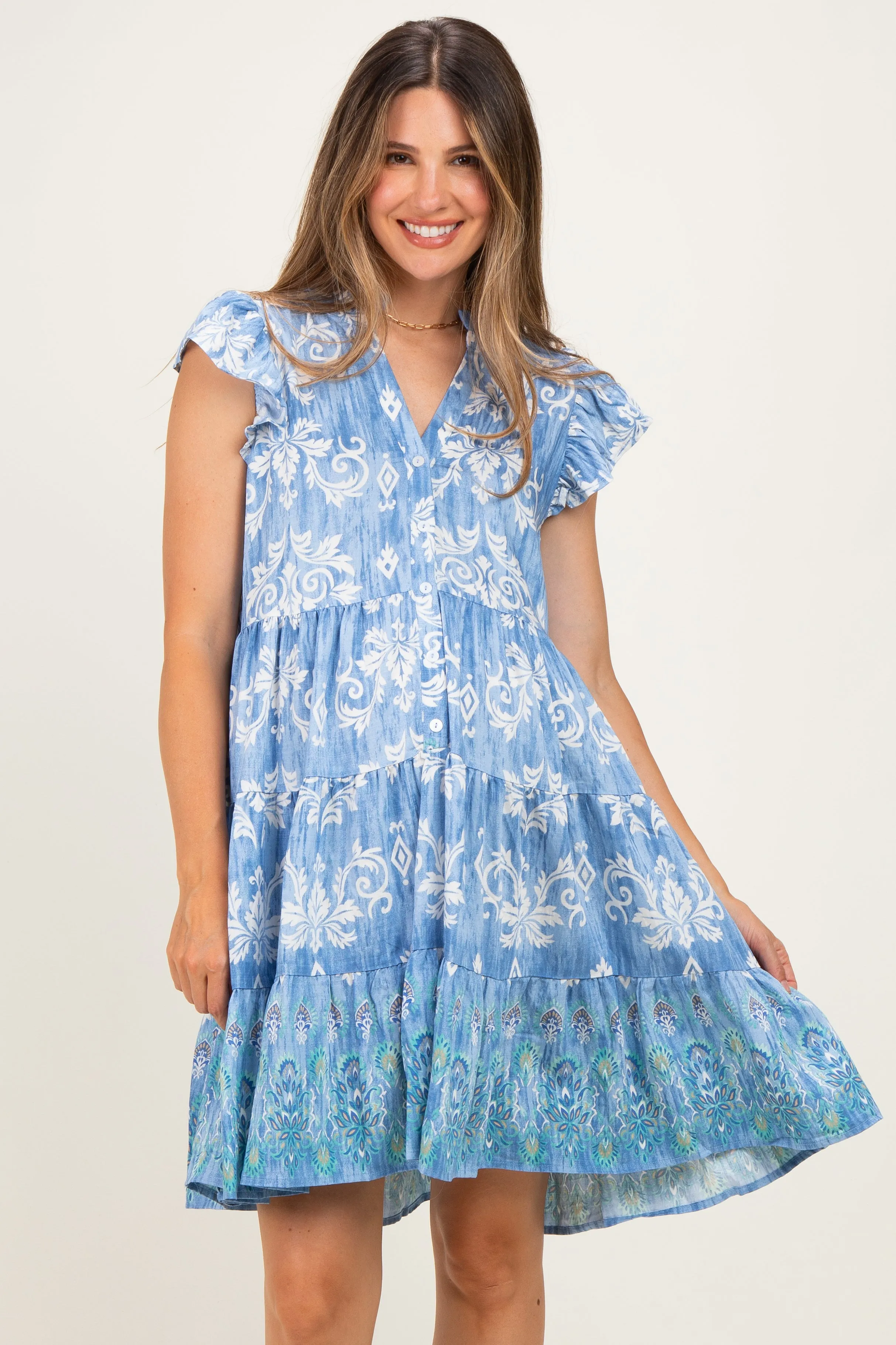 Denim Blue V Neck Flutter Sleeve Border Print Mini Tiered Maternity Dress sold by Pinkblush product image thumbnail 2